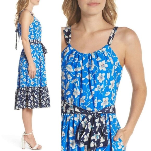 New Eliza J Floral Bow Tie Back Midi Sundress Blue Size 16 Nordstrom Pocket boho - Picture 2 of 12